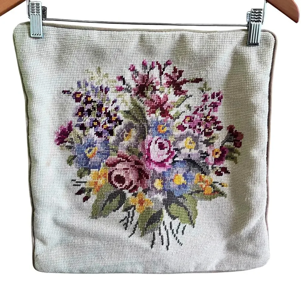 Antique Victorian Gilt &‎ Floral Hand Stitch Needlepoint Pillowcase 15x15 (D486)